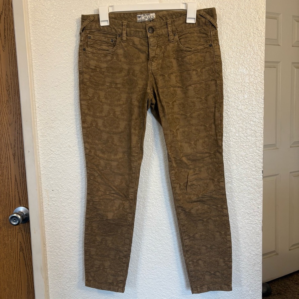 Free People Jacquard Skinny Jeans Women's M Tan Olive Floral Textured Stretch